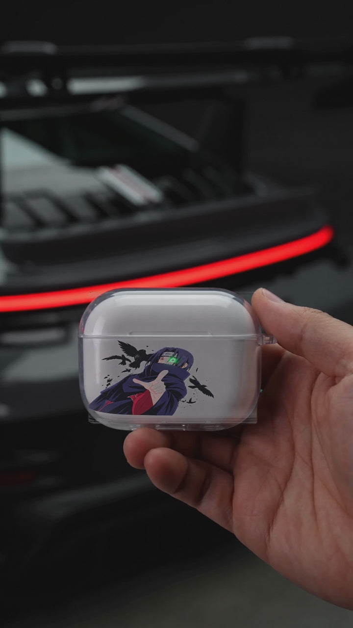 Itachi Genjutsu AirPods case opening in hand with Porsche background