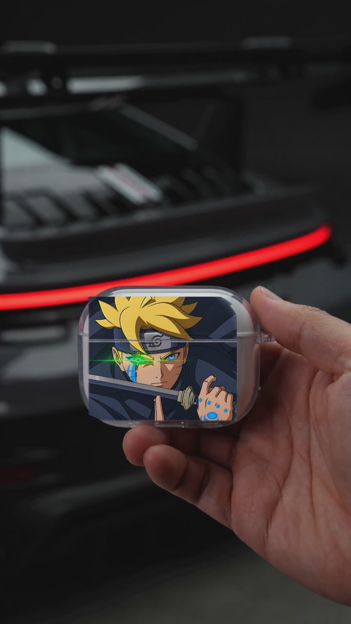 Boruto Blade AirPods case opening in hand with Porsche background