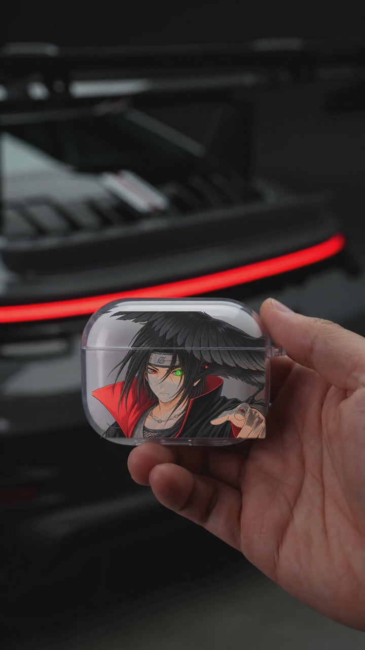 Itachi Crow AirPods case opening in hand with Porsche background