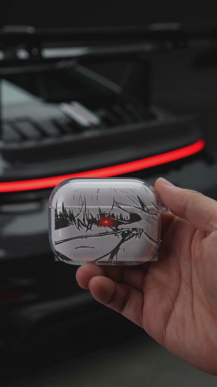 Gojo Eye Close-up AirPods case opening in hand with Porsche background